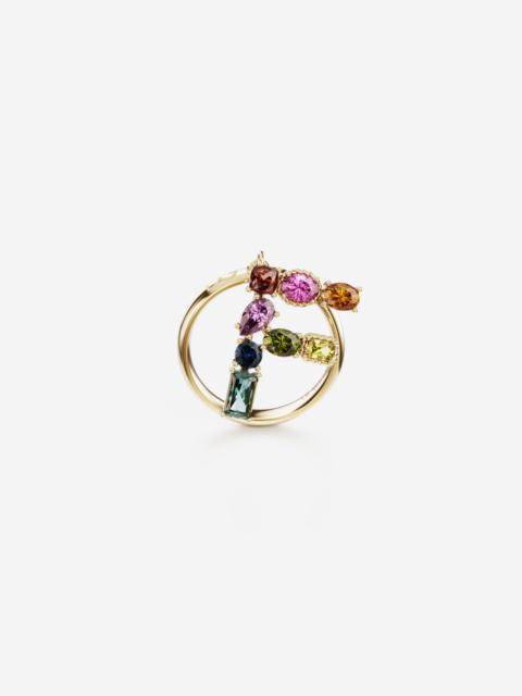 Rainbow alphabet F ring in yellow gold with multicolor fine gems