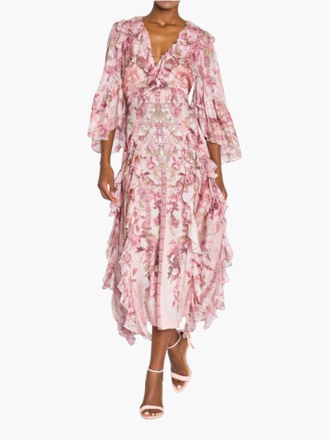 Marchesa REVERIE CASCADING RUFFLE CHIFFON MIDI DRESS