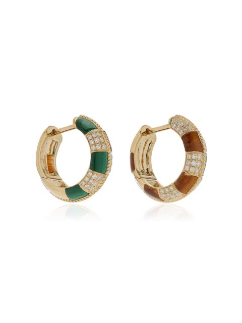 Yvonne Léon Checked 9K Yellow Gold Tiger's Eye, Malachite Hoop Earrings multi