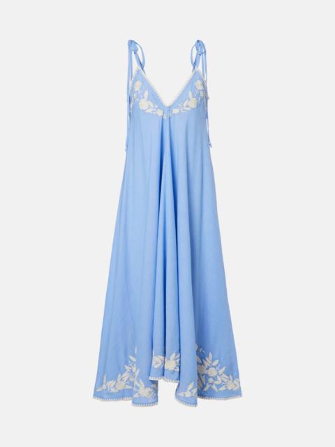 juliet dunn Embroidered cotton and linen chambray midi dress