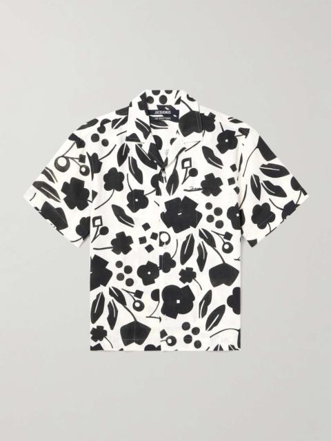 Camp-Collar Floral-Print Linen Shirt