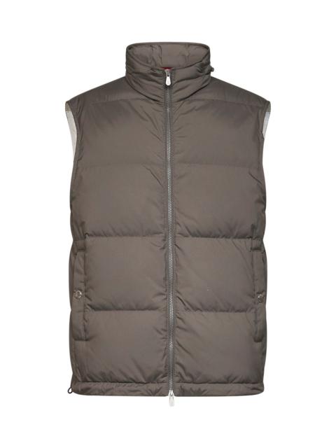 Brunello Cucinelli Washed army green bonded nylon padded hooded vest