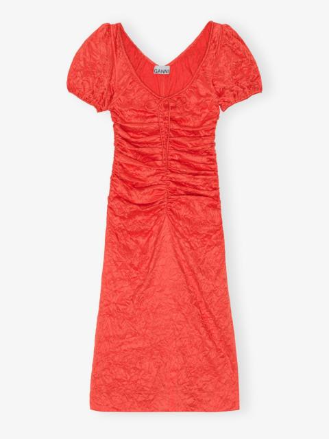 GANNI RED CRINKLED SATIN MIDI DRESS