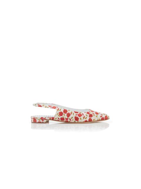Manolo Blahnik White and Red Satin Slingback Flat Pumps