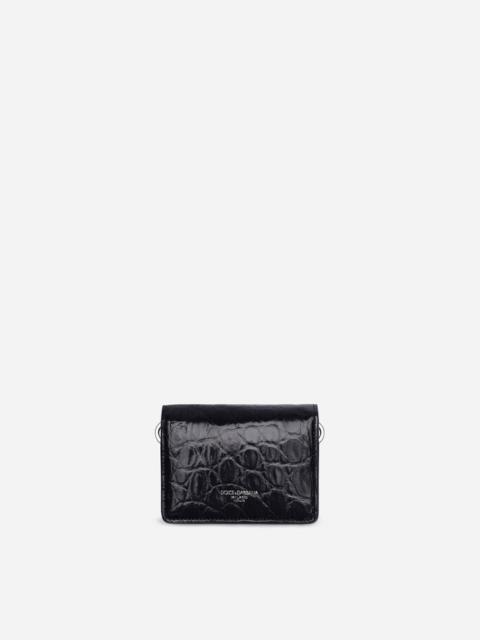 Dolce & Gabbana Shiny crocodile flank leather wallet with strap and heat-stamped logo