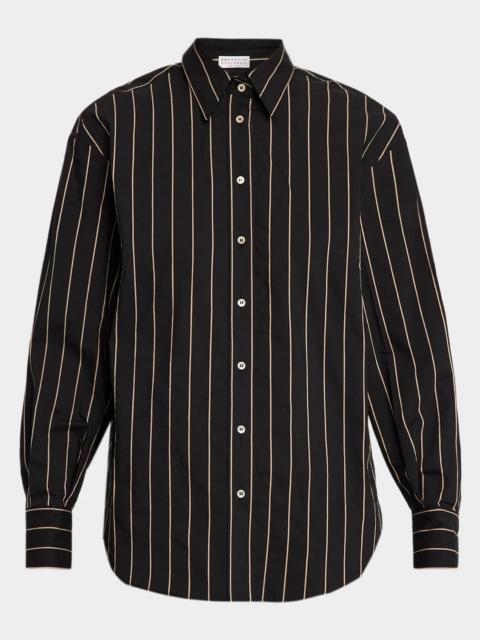 Brunello Cucinelli Triple Stripe Techno Cotton Long-Sleeve Button-Up Blouse