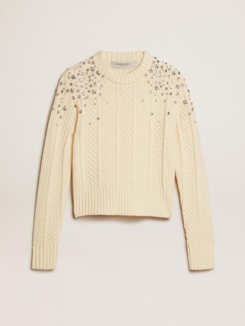 Cropped sweater in white wool with crystals