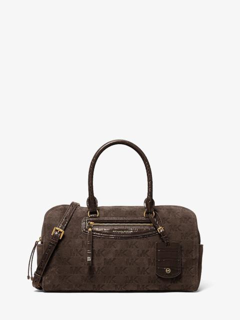 MICHAEL KORS Jet Set Travel Medium Logo Embossed Suede Duffel Crossbody Bag