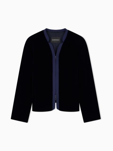 EMPORIO ARMANI COLLARLESS VELVET BLAZER WITH FRONT ZIP AND REGULAR FIT