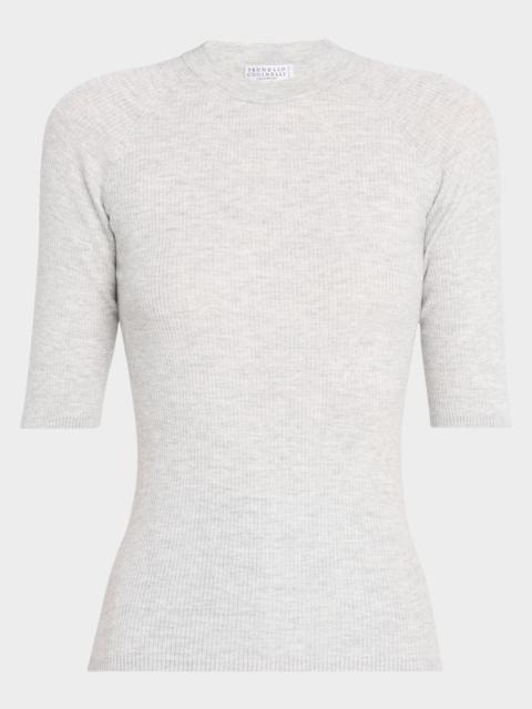 Brunello Cucinelli Shimmering Cashmere Stretch Rib Elbow-Sleeve Sweater