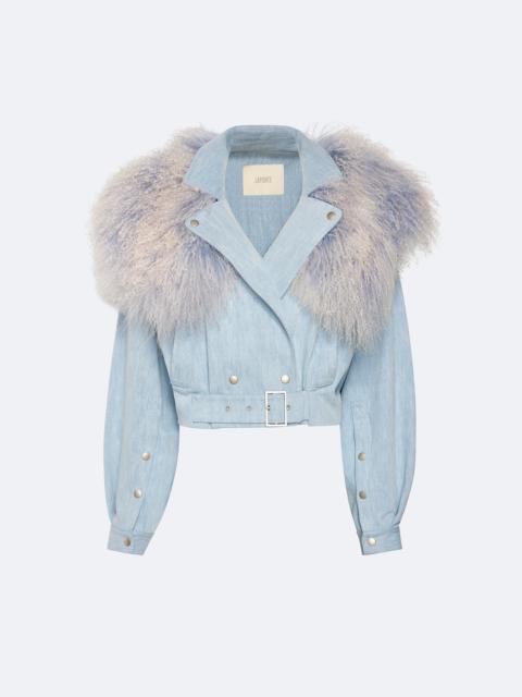 LAPOINTE Washed Denim Biker Jacket With Shearling Collar