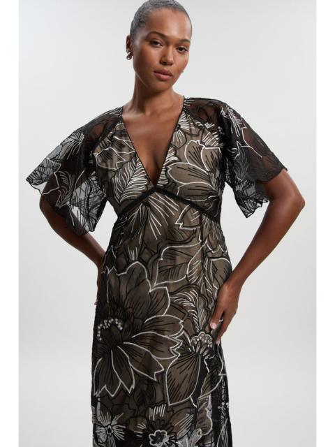 KAREN MILLEN Plus Size Hand Embroidered And Sequin Organdie Deep V Woven Maxi Dress