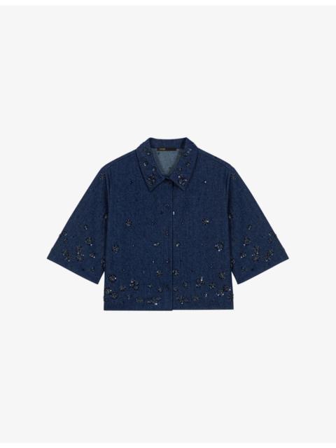 maje Bead-Embellished Cropped Denim Shirt