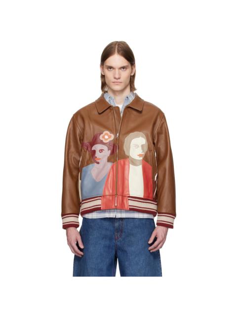 KidSuper Brown Patchwork Portraits Leather Varsity Jacket