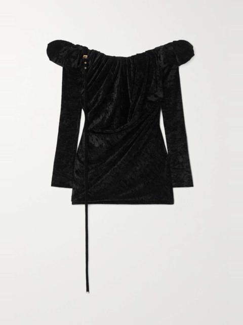 JACQUEMUS Off-the-shoulder embellished stretch-velour mini dress