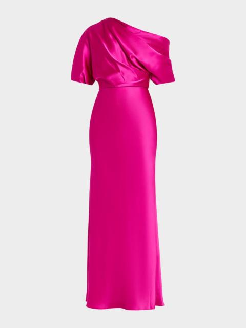 AMSALE Draped Satin One-Shoulder Gown
