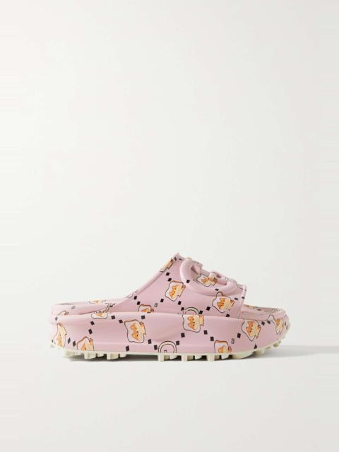 GUCCI + Angela Nguyen embossed printed rubber platform slides