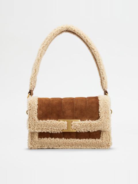 Tod's T TIMELESS SHOULDER BAG IN SUEDE SHEEPSKIN MINI - BROWN, OFF WHITE