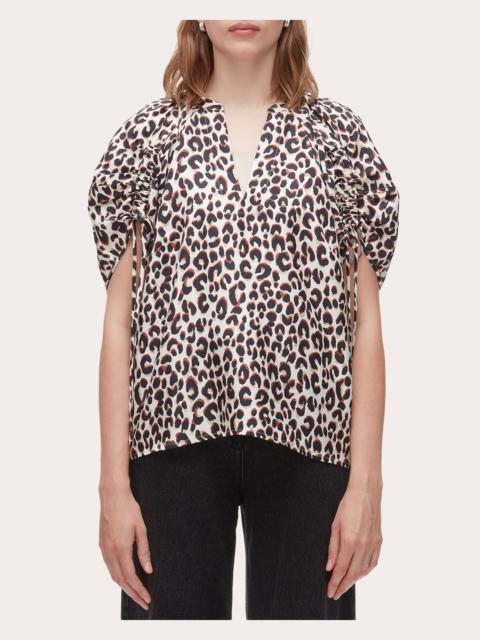 Leopard Silk Twill Ruched-Sleeve Midi Dress