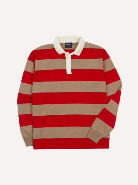 Drake's Red and Tan Block Stripe Knitted Rugby Shirt