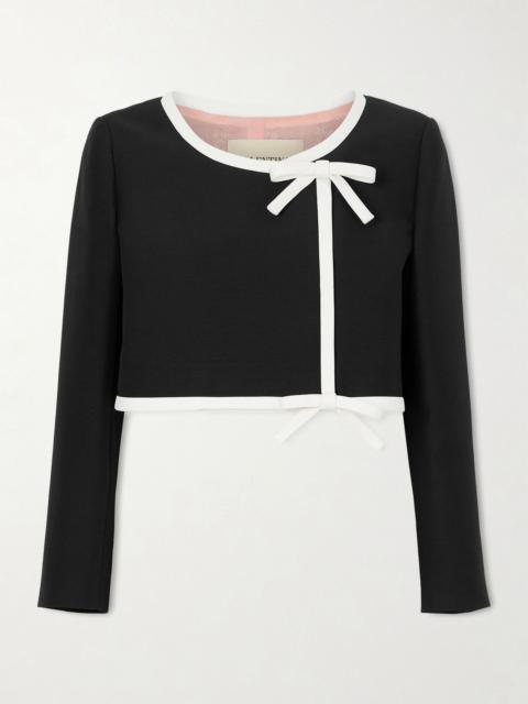 Valentino Cropped bow-embellished wool and silk-blend crepe jacket Black