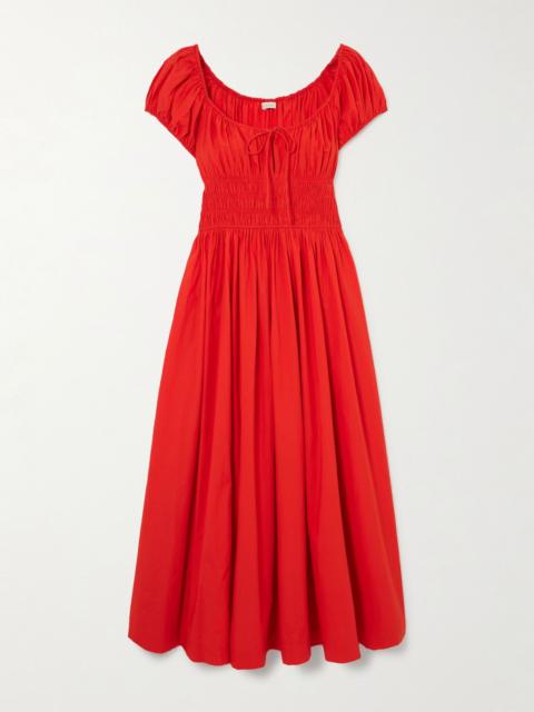 DÔEN Quinn tie-detailed shirred organic cotton-poplin midi dress Red