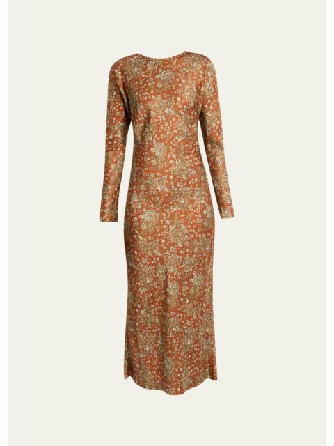 Dries Van Noten Floral Satin Long-Sleeve Midi Dress