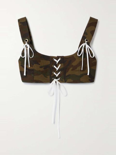 Lace-up printed camouflage-print cotton-twill bralette