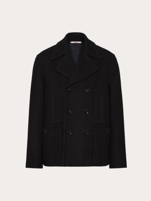 TECHNICAL WOOL CLOTH PEACOAT WITH RUBBERIZED V DETAIL
