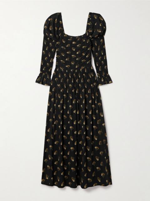 DÔEN Wilmina shirred floral-print cotton-blend maxi dress Black