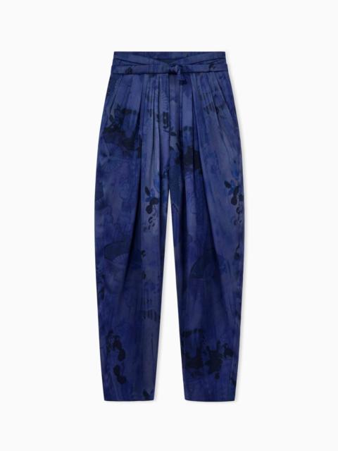 GIORGIO ARMANI MULTI-PLEATED TROUSERS IN PRINTED SILK CHARMEUSE WITH KNOT