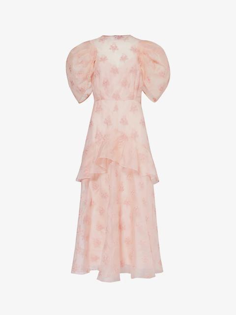 Erdem Floral-embroidered puff-sleeve silk maxi dress