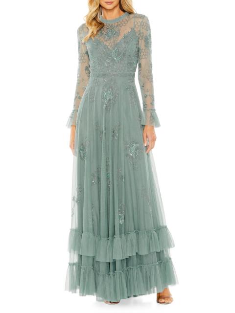 MAC DUGGAL Women's Petite Honeycomb Embroidered Mesh Gown - Spruce