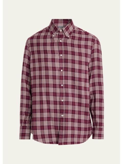 Brunello Cucinelli Men's Cotton-Lyocell Plaid Button-Down Shirt