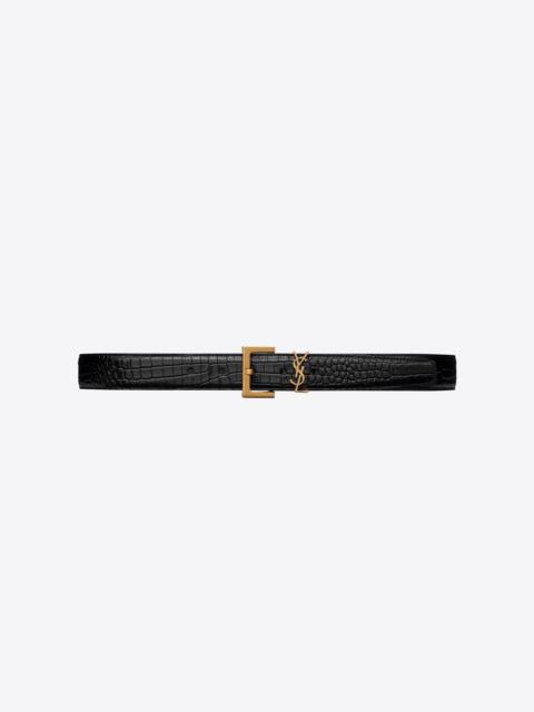 SAINT LAURENT cassandre belt with square buckle in shiny crocodile-embossed leather