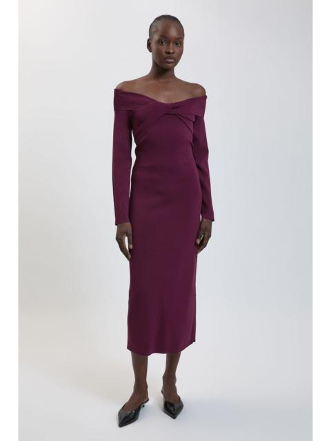 KAREN MILLEN Petite Twist Front Viscose Knitted Bardot Midi Dress