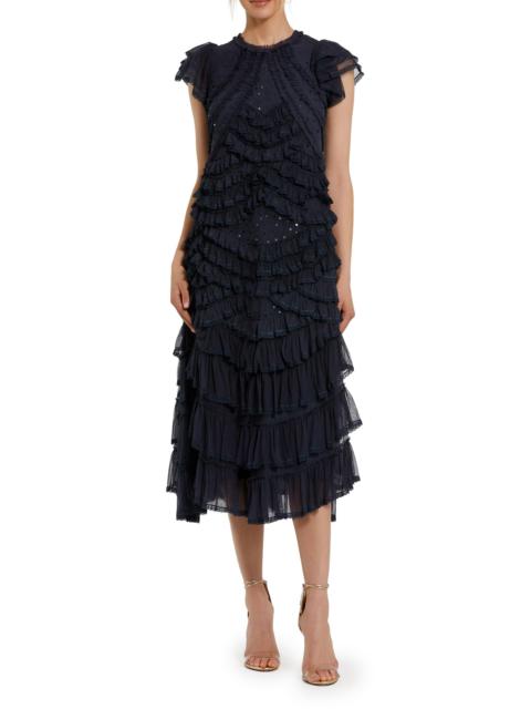 MAC DUGGAL Women's High Neck Mesh Ruffle Midi-Dress - Navy
