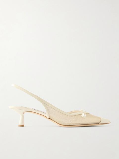 JIMMY CHOO Amita 45 embellished patent-leather trimmed metallic mesh slingback pumps Ivory
