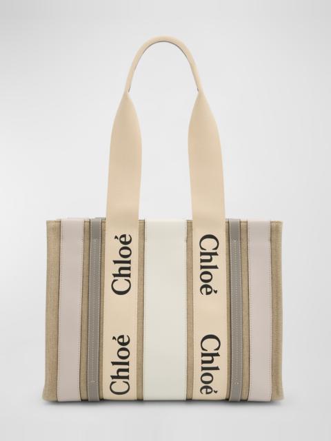 x High Summer Woody Medium Tote Bag in Striped Linen and Leather