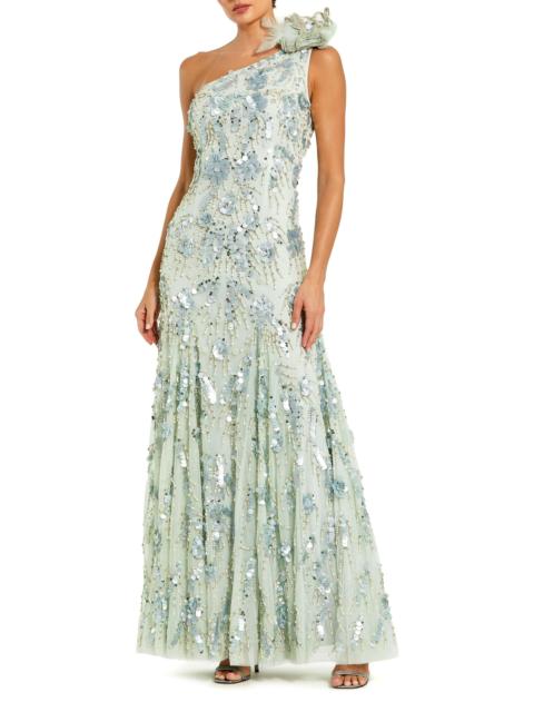 MAC DUGGAL Women's Evening Embellished Mesh One-Shoulder Trumpet Gown - Sage