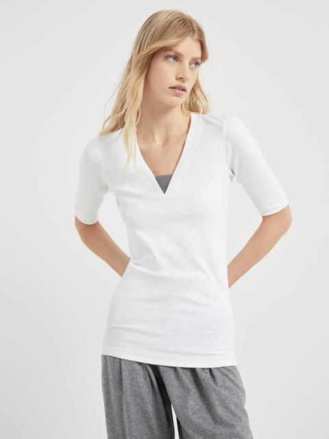 Stretch cotton ribbed jersey T-shirt with precious insert