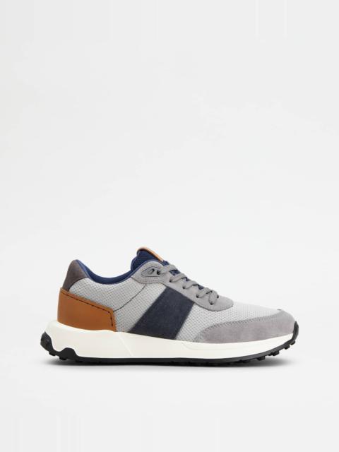 SNEAKERS IN LEATHER AND TECHNICAL FABRIC - BLUE, GREY, BROWN