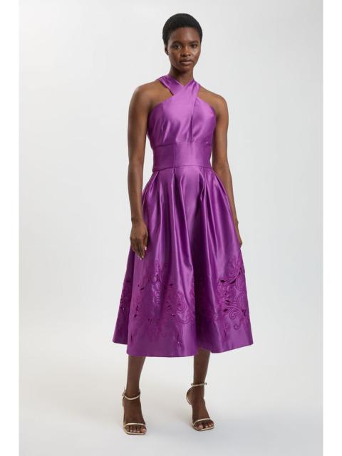 KAREN MILLEN Tailored Satin Cutwork Halter Midi Dress