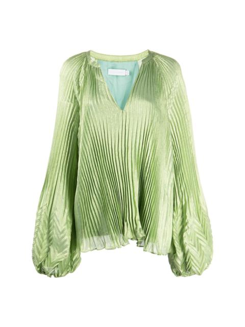 silk-blend V-neck pleated top