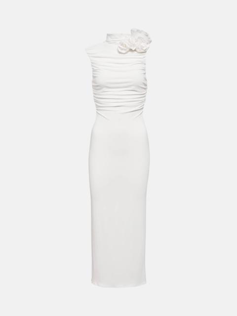 Bridal floral-appliqué ruched midi dress