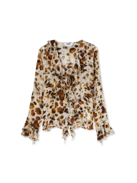 Ruffled blouse with georgette "watercolor leopard" print