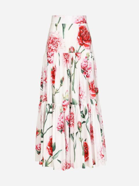 Long carnation-print poplin skirt
