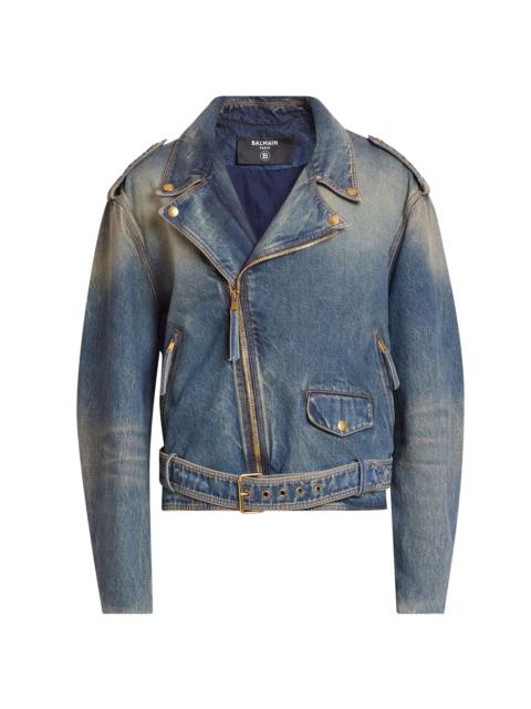 Balmain Men's Belted Denim Biker Jacket - Bleu Jean Delave