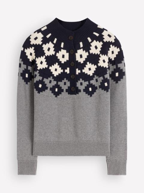 BODEN Lara Cotton Button Neck Jumper-Grey Marl, Fair Isle