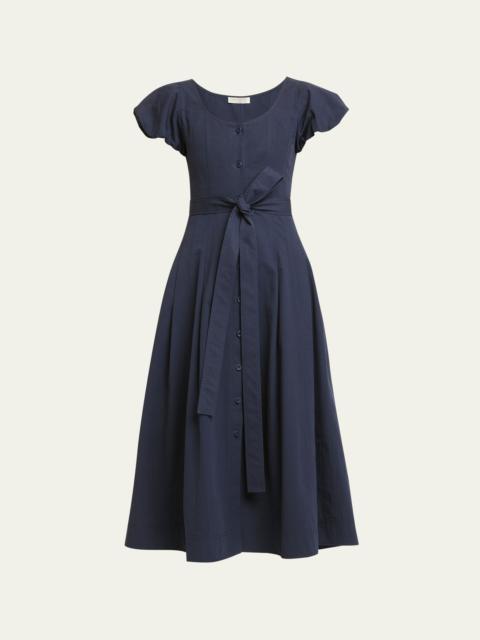 Rhea Puff-Sleeve Belted Midi Poplin Dress